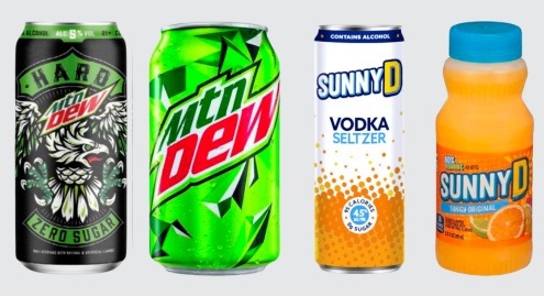 Images of hard mountain dew, which contains alcohol, next to regular mountain dew, and Sunny D Vodka Seltzer next to regular Sunny D. The images illustrate how similar the alcoholic drinks look to the kid-friendly non-alcoholic drinks.